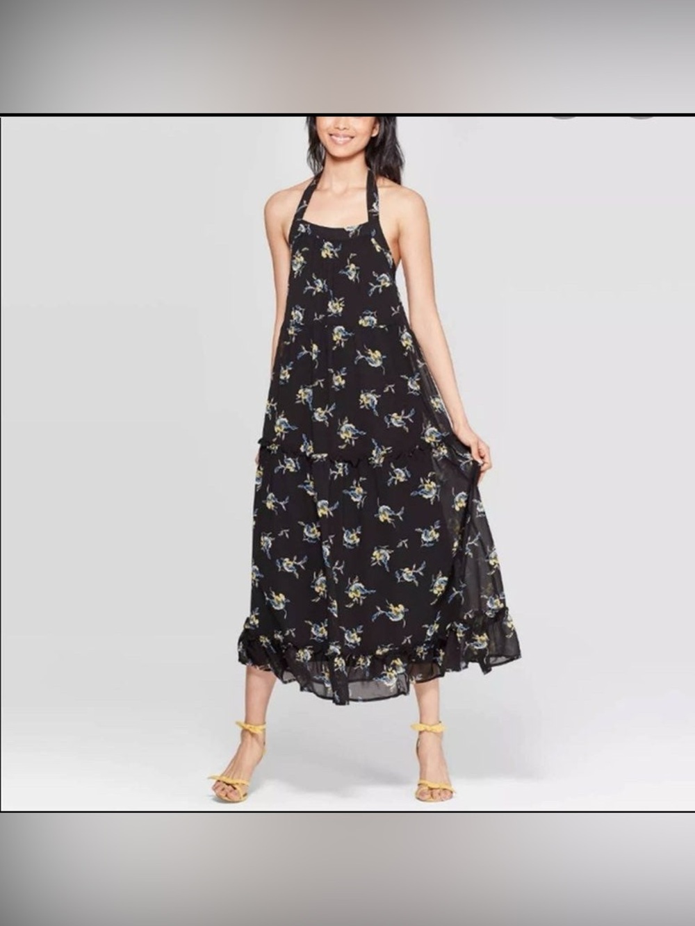 Who What Wear Black Yellow Floral Midi Halter Dress Women's Size XS